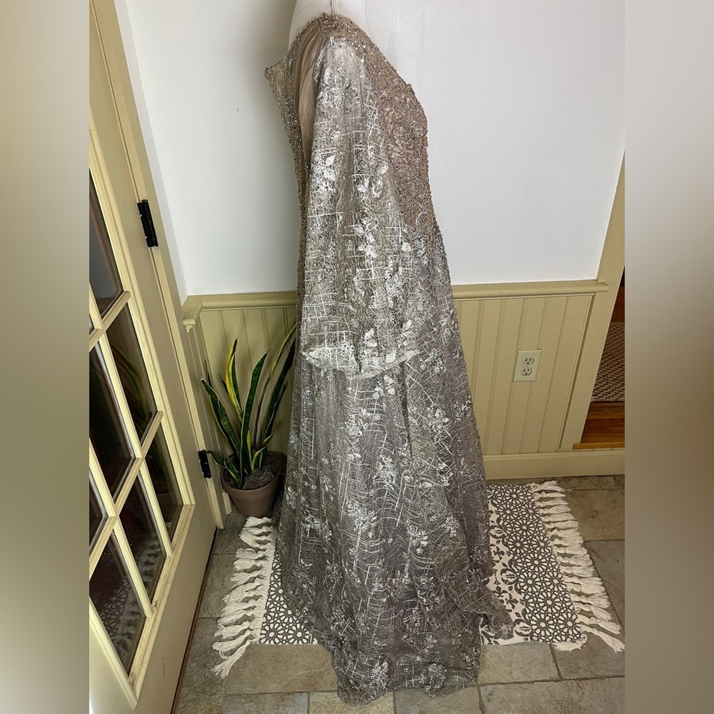 Mac Duggal NWT 20283D Embellished Lace Beaded Evening Gown 18 Silver Champagne - Picture 4 of 15